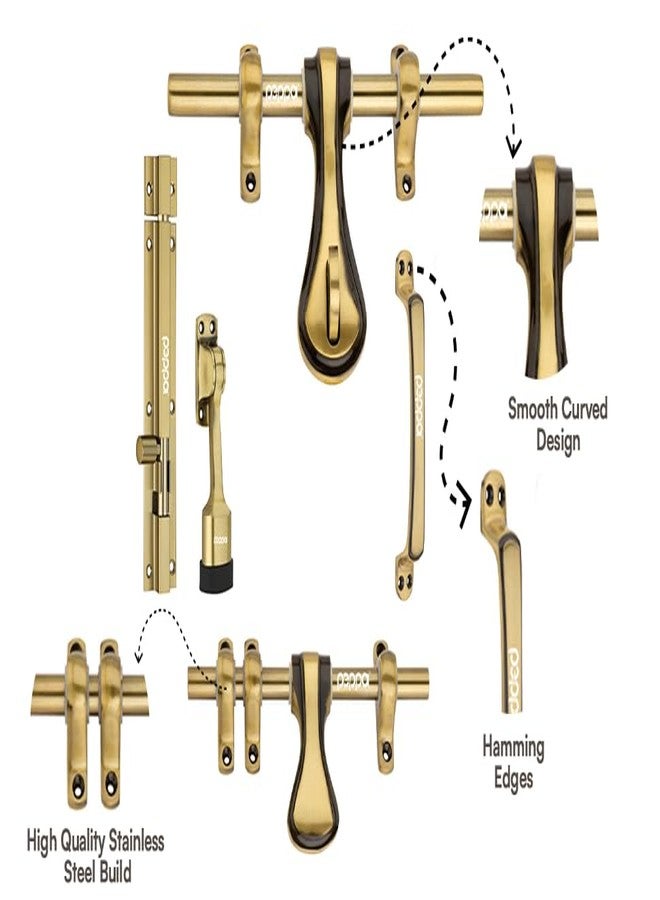 Peppa Antique Brass Finish Standard Size Door Fitting Accessories Premium Kit (Front Aldrop,Back Latch,Two Handles, Door Stopper &Tower Bolt, Golden, 6 Count) (Pack of 2) - Image 4